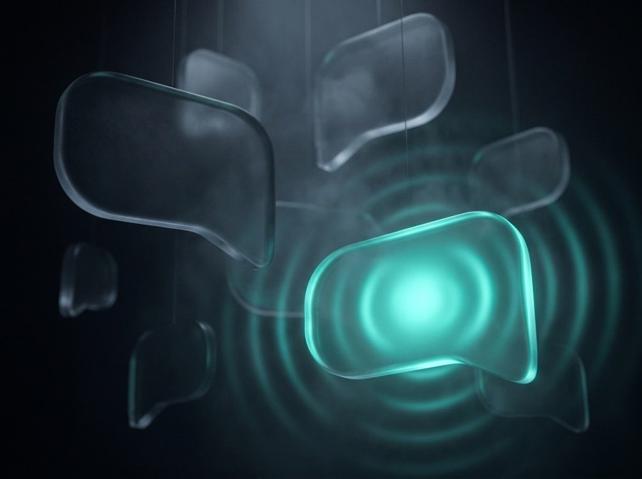 Floating glass message bubbles, one lit from within